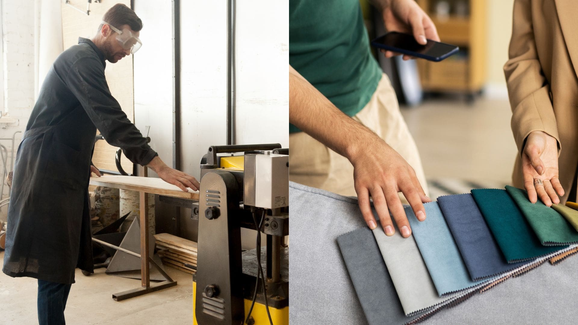 Muž rozrezáva drevo na stroji a výber látky.