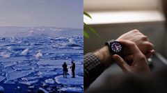 Ľudia pozorujú topenie ľadovcov a muž si pozerá čas na hodinkách.