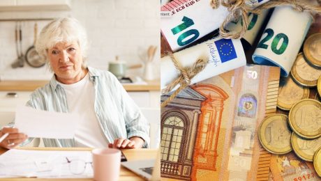 Staršia žena drží papier a peniaze.