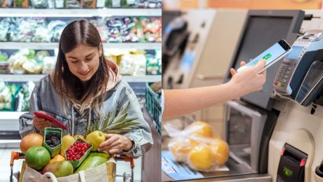 Žena v potravinách a samoobslužná pokladňa.