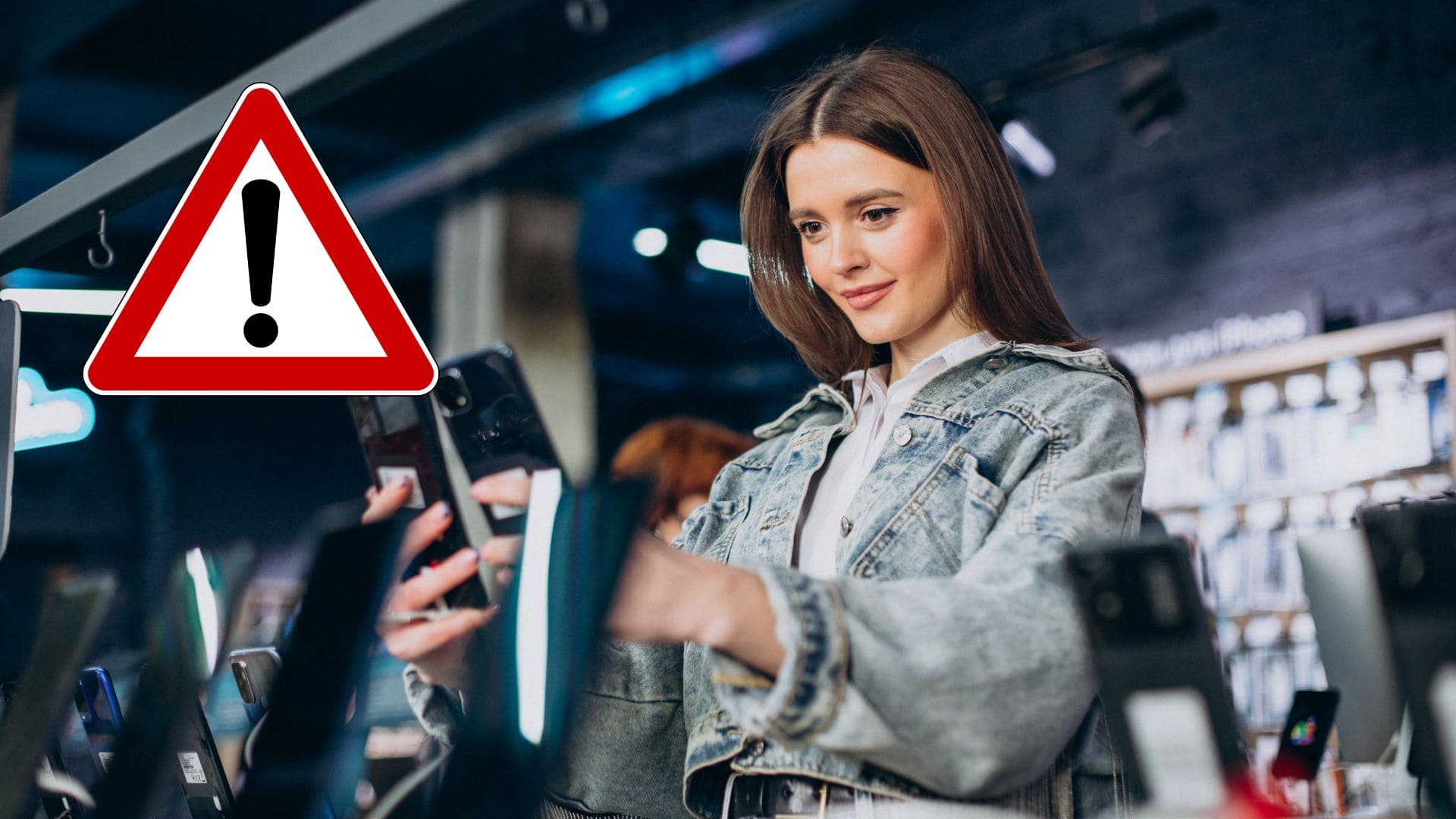 Žena si v predajni prehliada mobilný telefón.