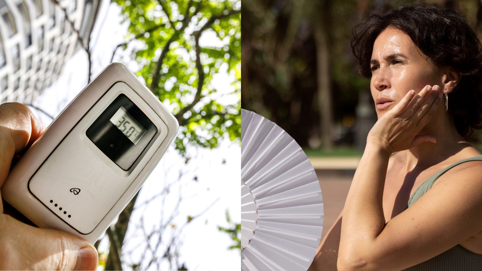 Teplomer a žena sa ovieva vejárom.