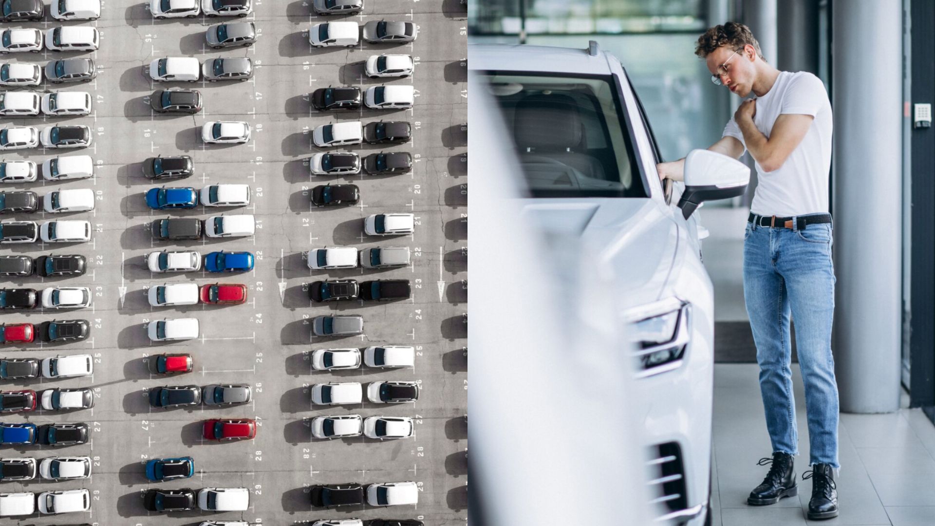 Autá na parkovisku a muž si obzerá vozidlo.