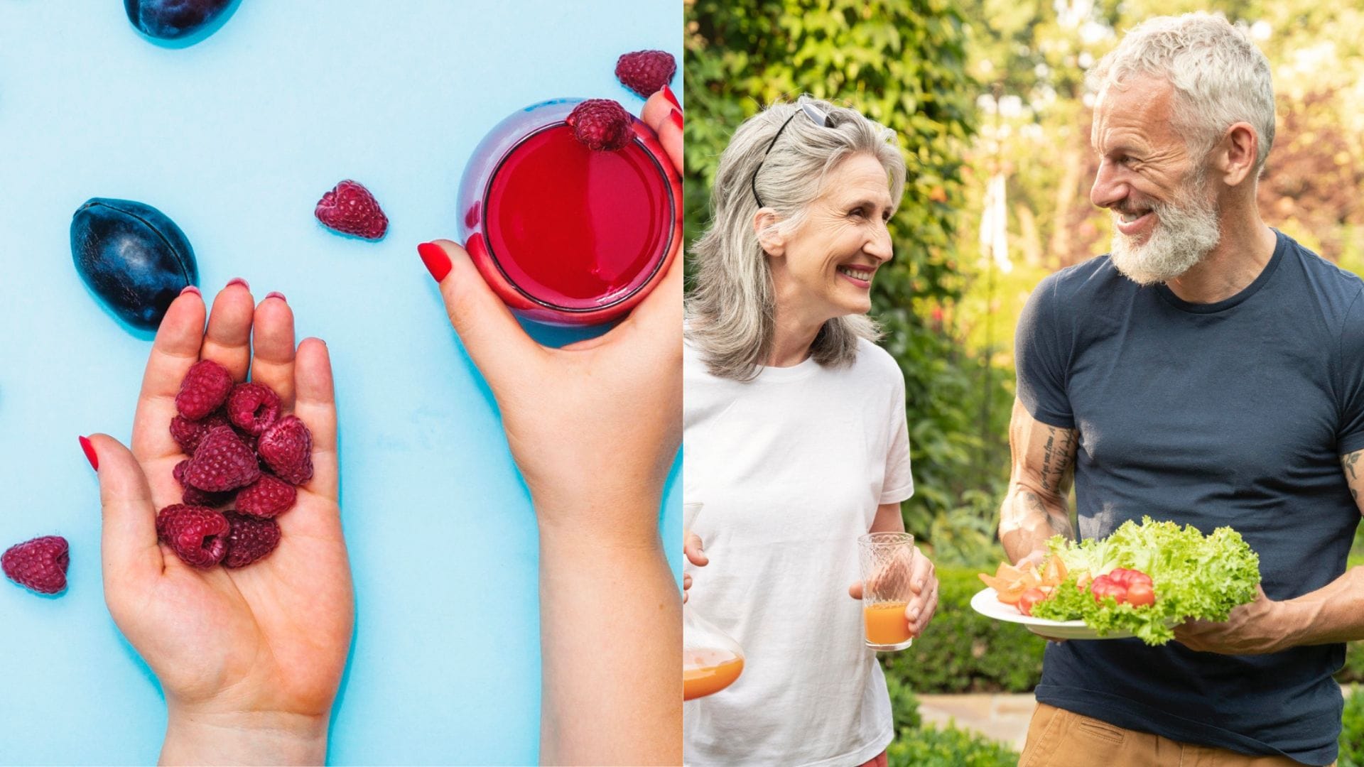 Ovocie v ruke a muž so ženou sa na seba usmievajú.