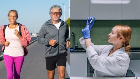 Seniori spoločne behajú a vedkyňa pri práci.