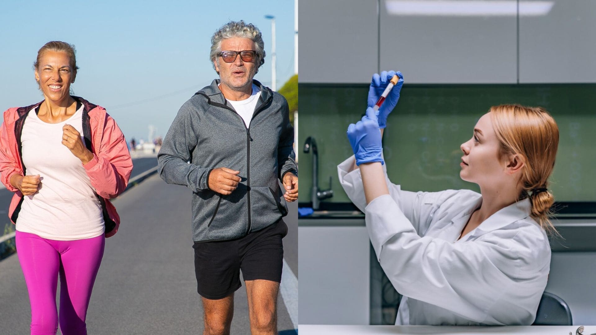 Seniori spoločne behajú a vedkyňa pri práci.