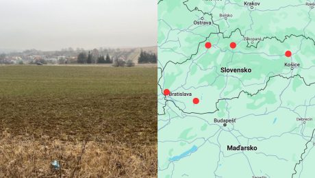 Pozemok a mapka Slovenska s vyznačenými bodmi.