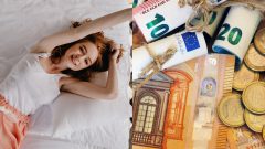 Žena leží na posteli a peniaze.