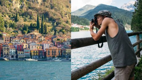 Talianske mestečko pri jazere a turista fotografuje scenériu.