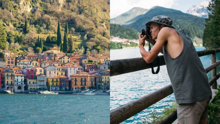 Talianske mestečko pri jazere a turista fotografuje scenériu.