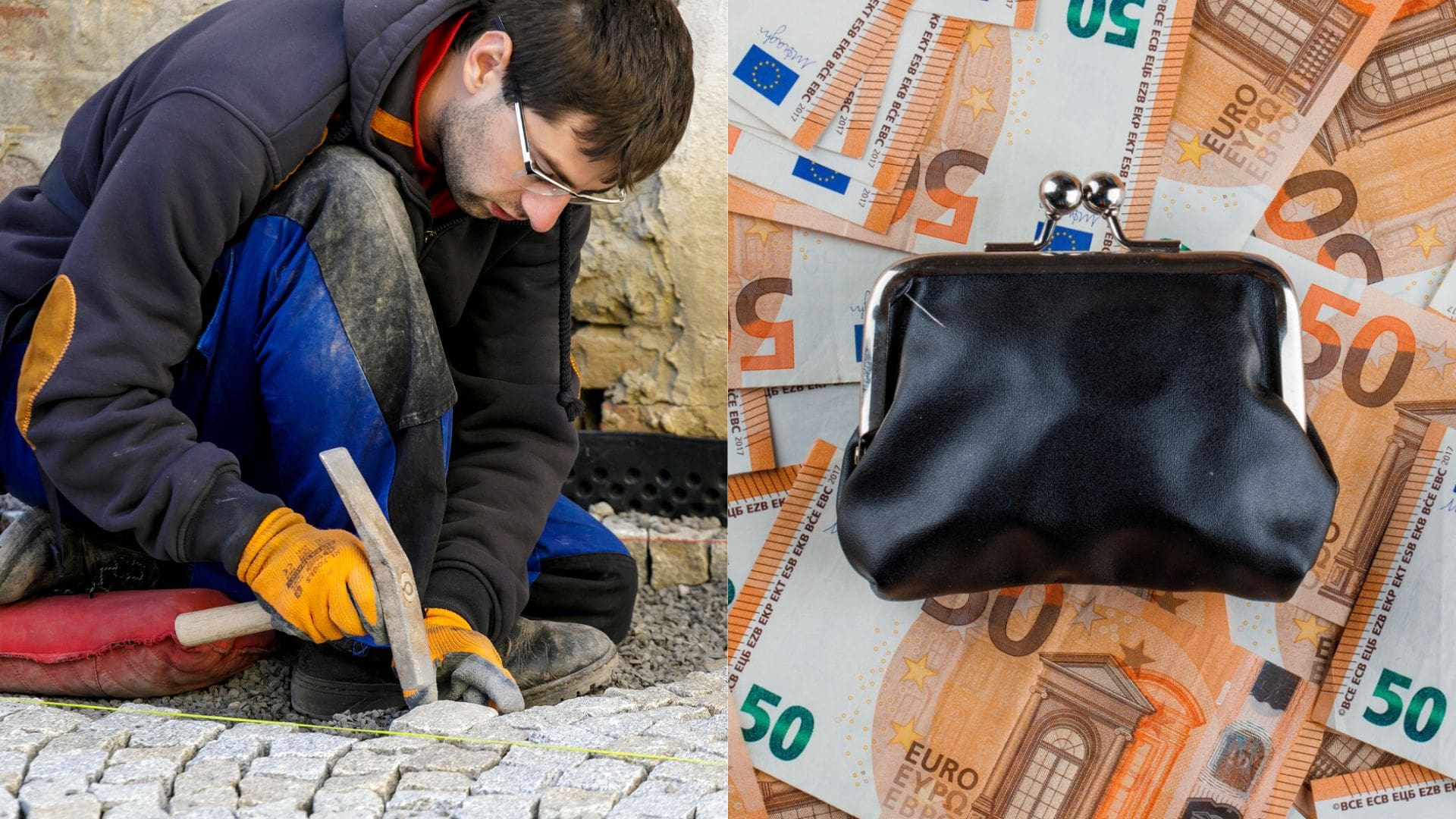 Robotník s kladivom pri práci a peniaze v peňaženke.