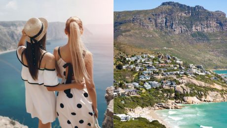 Ženy hľadia na more a pohľad na Cape Town.