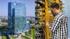 Budova AT&T a zamestnanec pri práci.