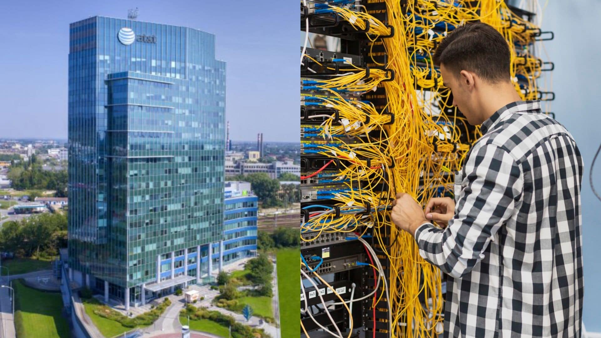 Budova AT&T a zamestnanec pri práci.