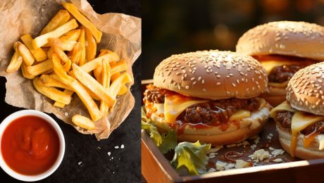 Na snímke hranolky s kečupom a hamburgery.