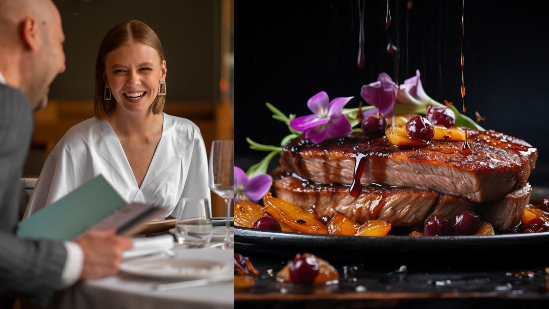 Na snímke dvojica v luxusnej reštaurácii a steak.