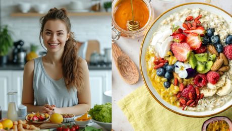 Na snímke žena so zdravými raňajkami a tanier plný superportravín.