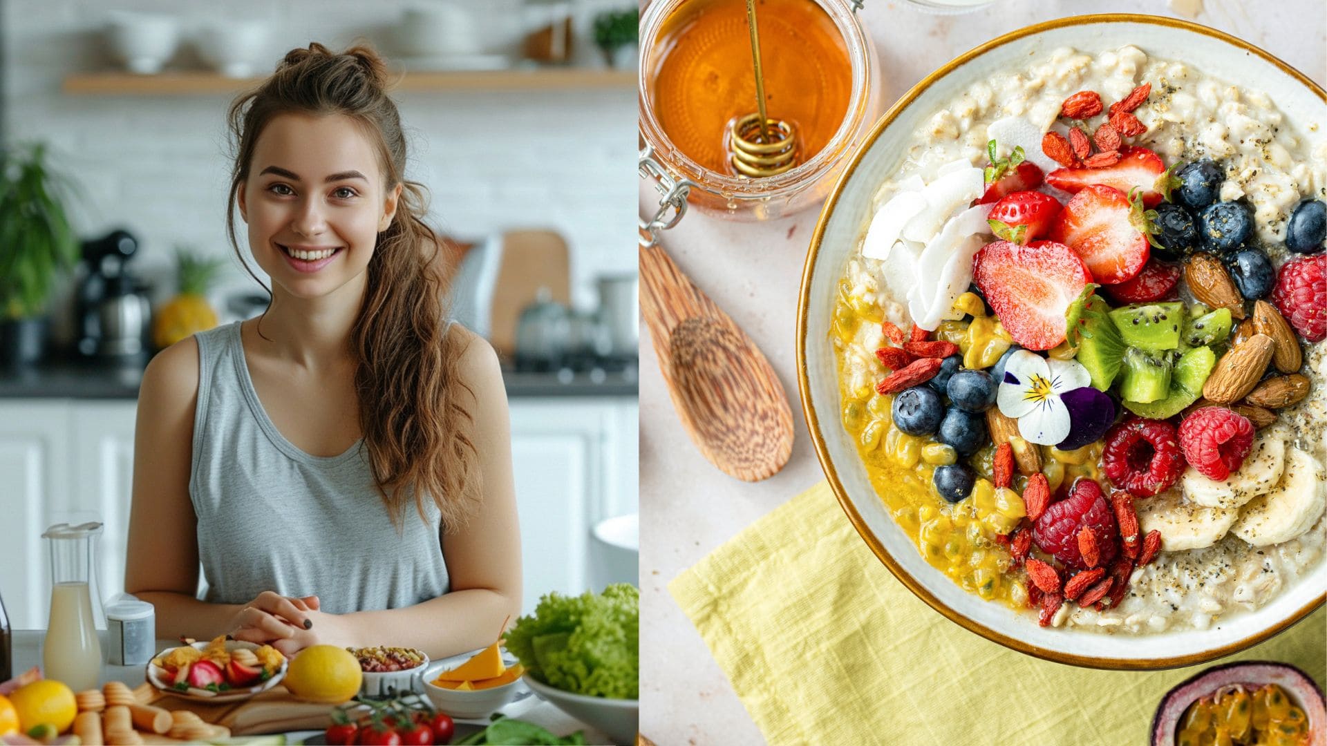 Na snímke žena so zdravými raňajkami a tanier plný superportravín.