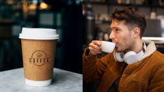 Na snímke káva v kelímku zo sebou a muš pijúci kávu v kaviarni.