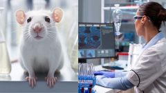 Na snímke laboratórna myš a vedkyňa v laboratóriu.