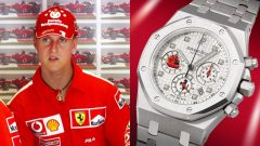 Na snímke Michael Schumacher a jedny z jeho hodiniek, ktoré idú do dražby.