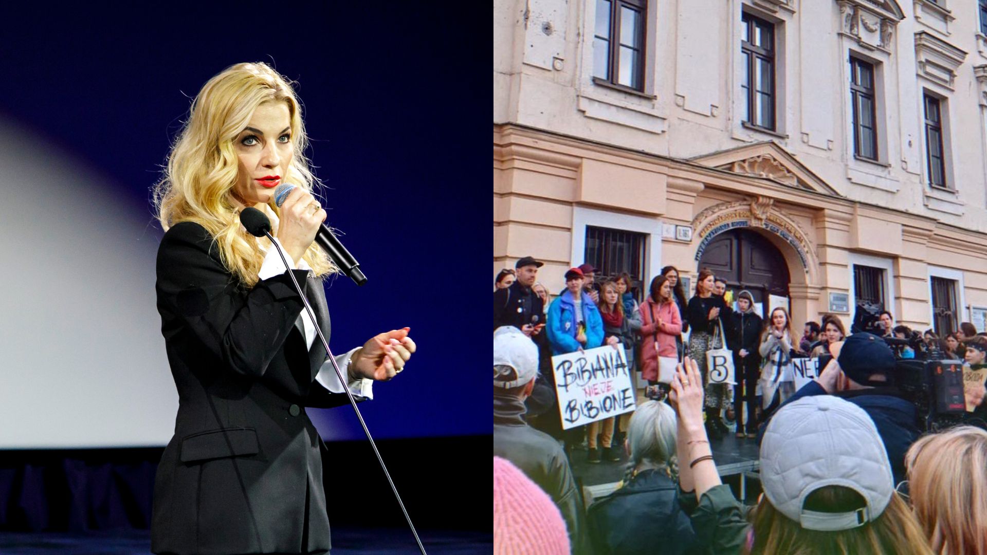 Na snímke Martina Šimkovičová a protest pre Bibianou, ktorý zorganizovala Otvorená kultúra.
