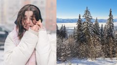 Na snímke dievča v zime a vetre a zasnežené Tatry.