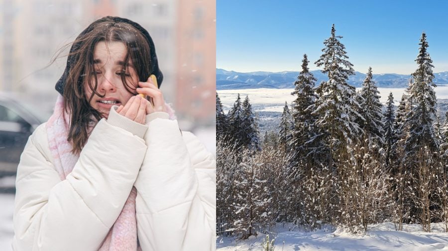 Na snímke dievča v zime a vetre a zasnežené Tatry.