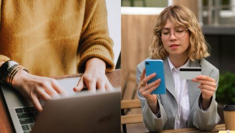 Na snímke žena na počítači a žena posielajúca peniaze cez aplikáciu banky.