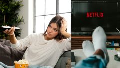 Na snímke, žena sledujúca televíziu a človek pozerajúci Netflix.