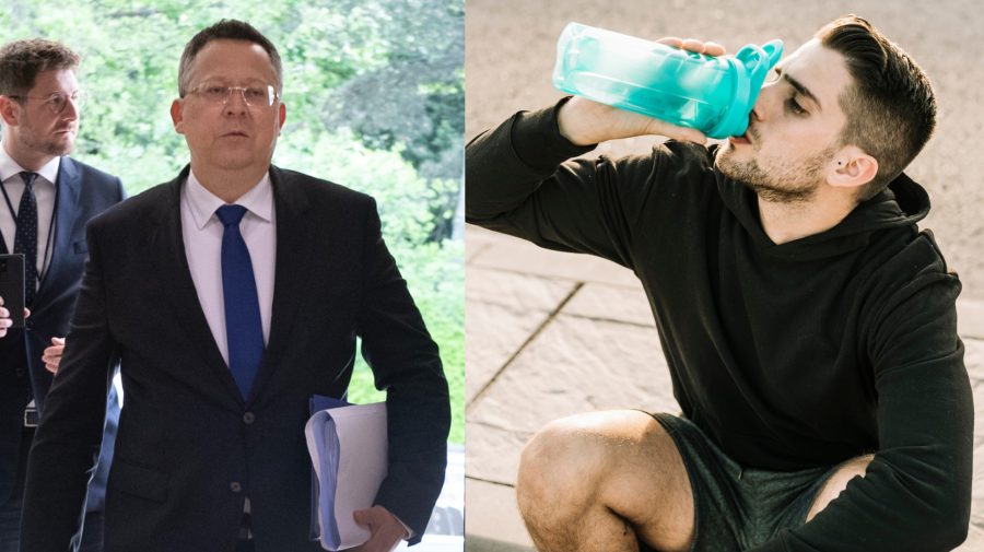 Na snímke minister financií Ladislav Kamenický a muž pijúci nápoj po cvičení.