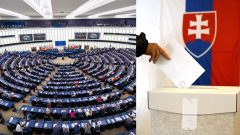 Na snímke europarlament a volebná urna s vlajkou v pozadí.