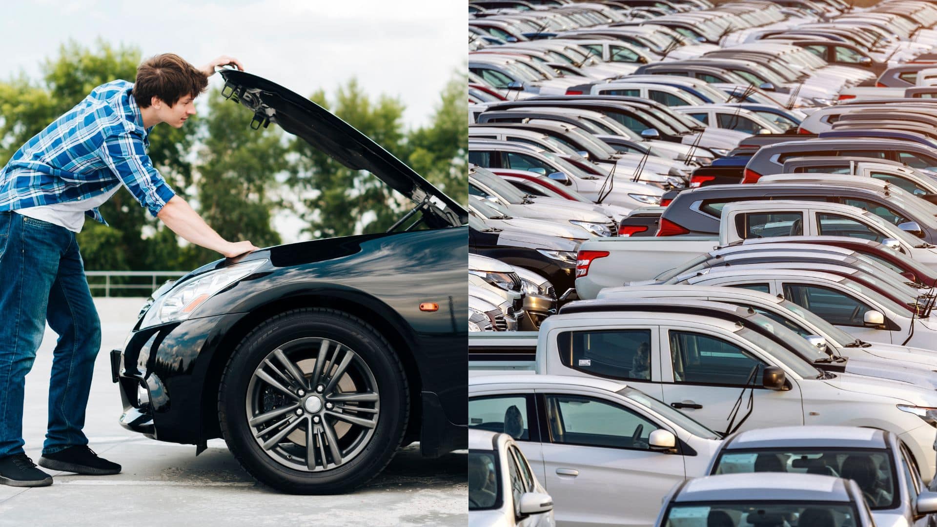 Muž pozerá pod kapotu auta a autá na parkovisku.