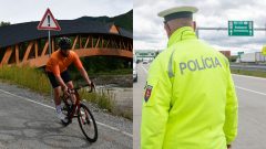 Cyklista na ceste a policajt kontroluje dopravu.
