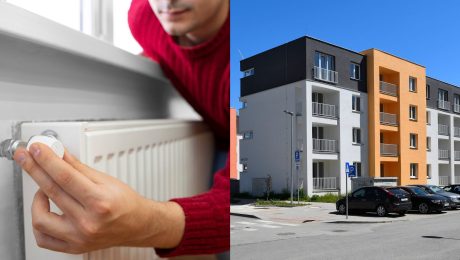Muž nastavuje teplotu radiátoru a bytovka.
