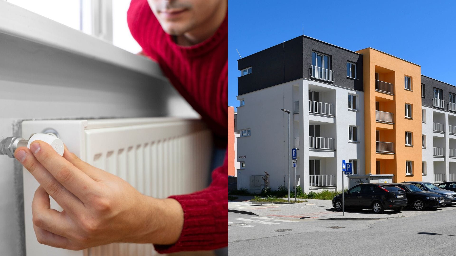 Muž nastavuje teplotu radiátoru a bytovka.