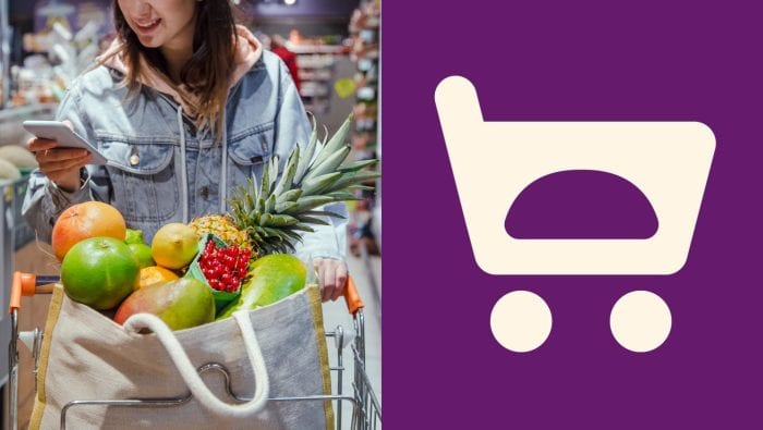 Žena s nákupným košíkom v potravinách hľadí do mobilu a logo Košík.cz.