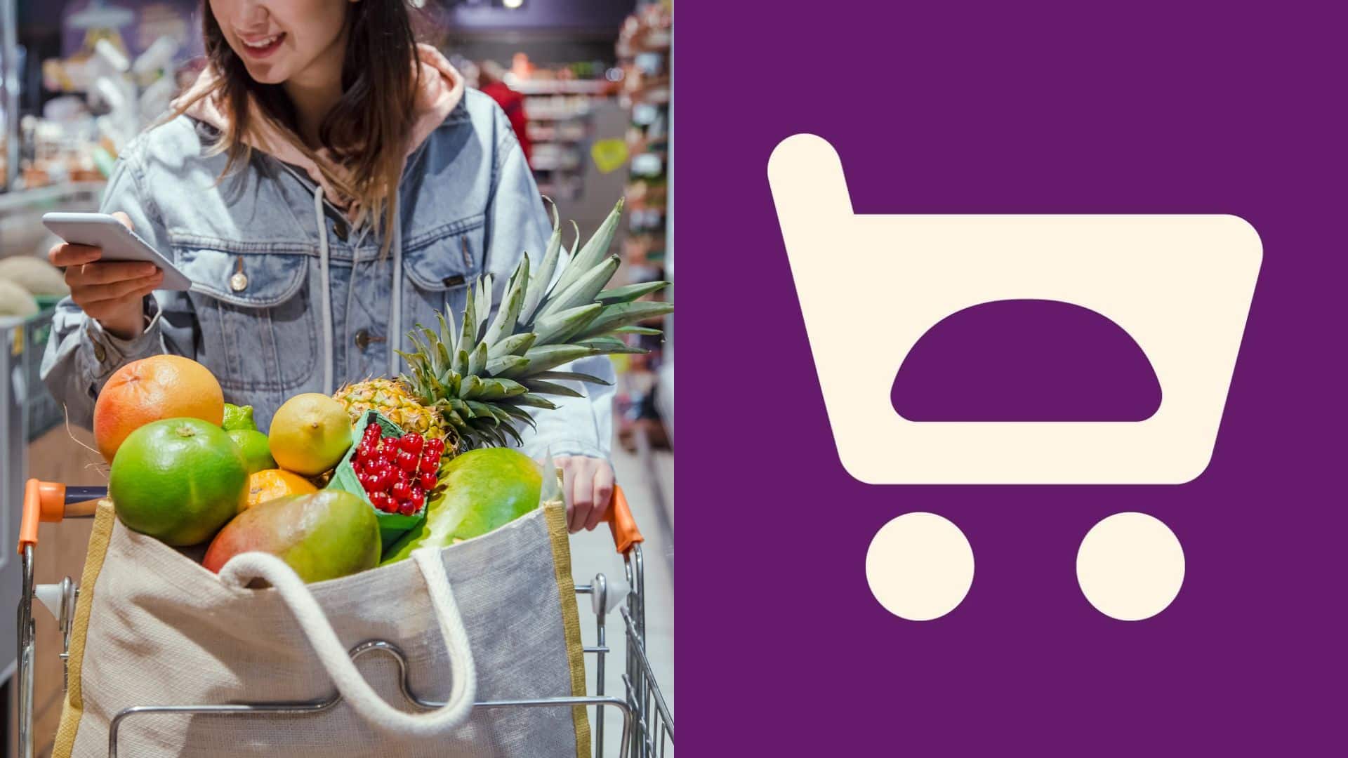 Žena s nákupným košíkom v potravinách hľadí do mobilu a logo Košík.cz.