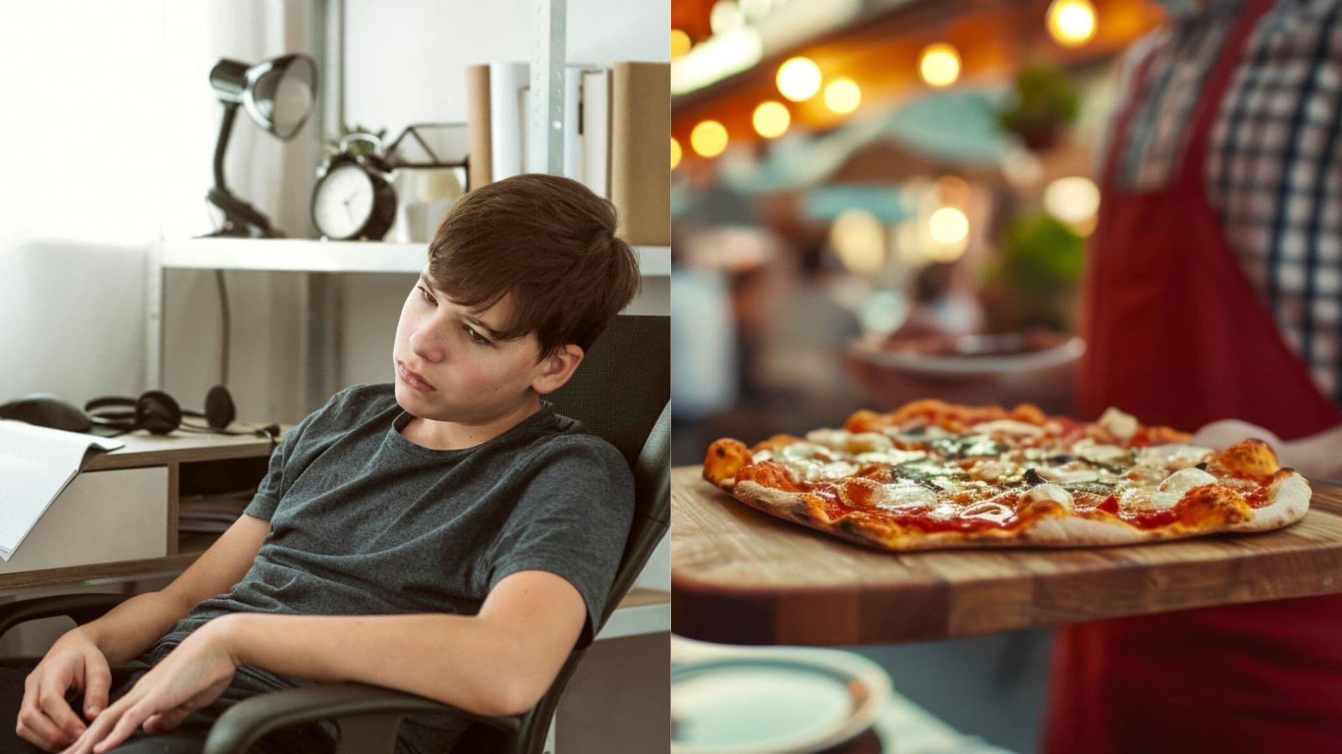 Chlapec na stoličke a časník nesie pizzu.