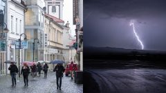 Ľudia s dáždnikmi na ulici a blesk.