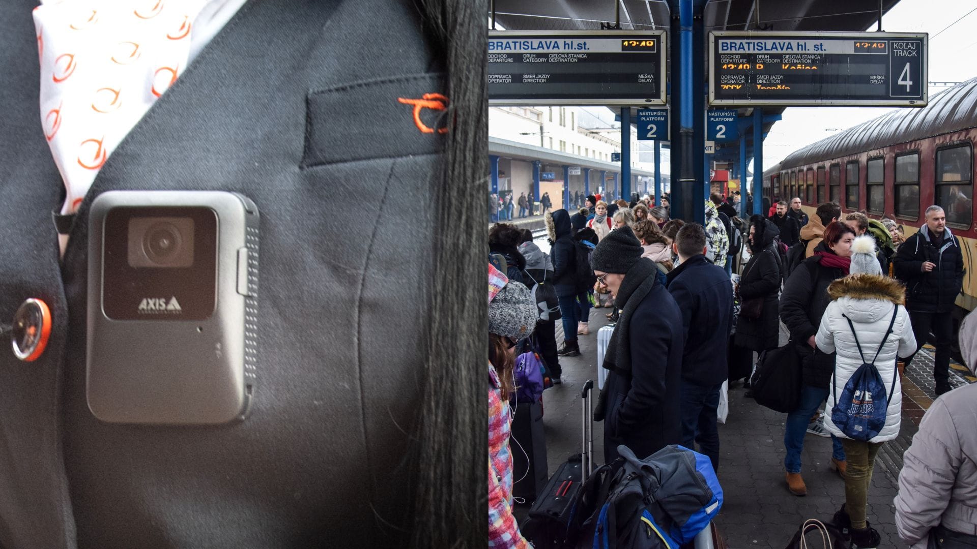 Telová kamera a ľudia na vlakovej stanici.