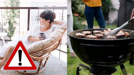 Žena sedí na balkóne a gril.