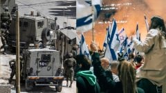 Na snímke vojaci v Izraeli a ľudia protestujúci v Izraeli.
