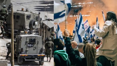 Na snímke vojaci v Izraeli a ľudia protestujúci v Izraeli.