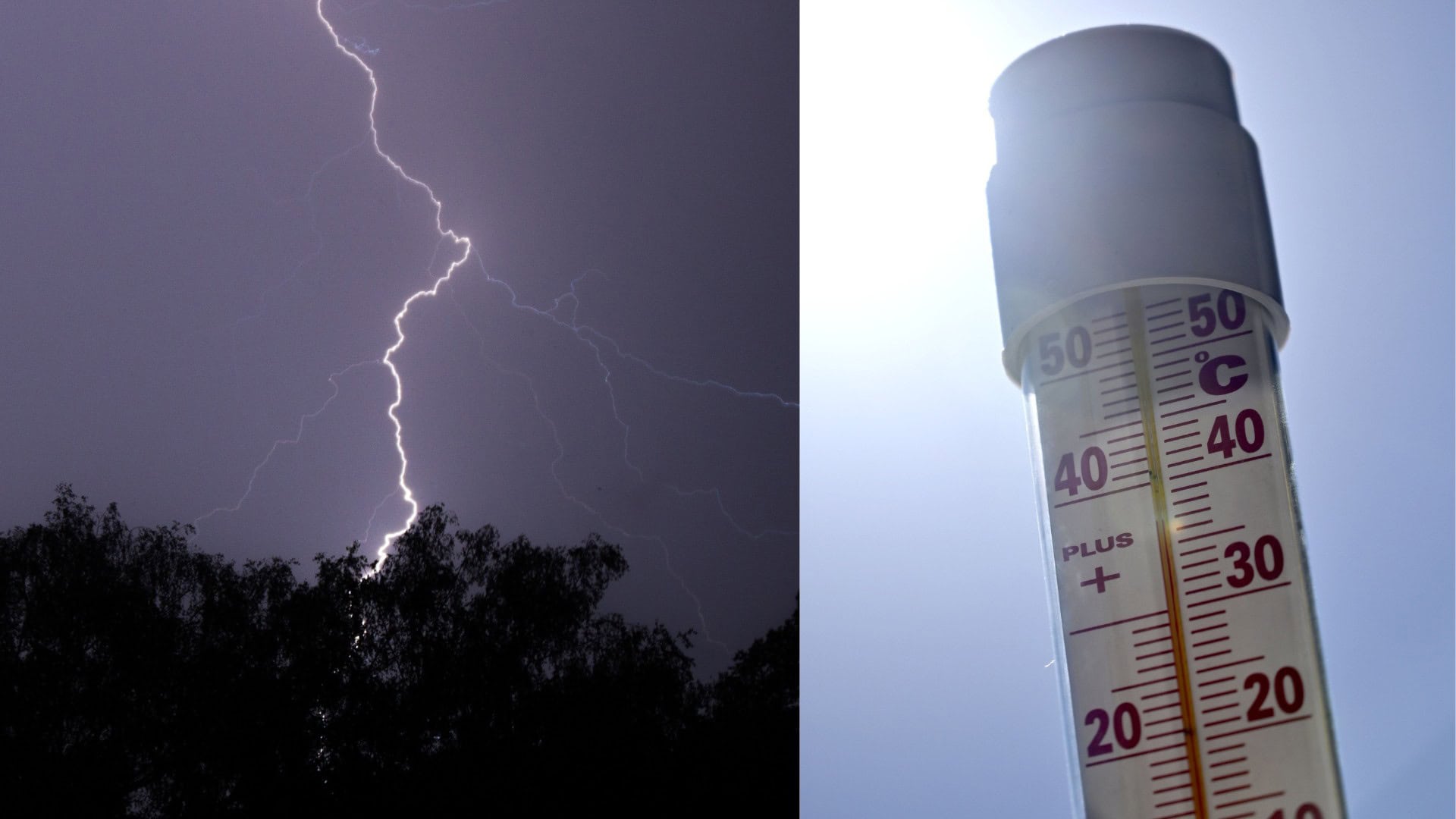 Na snímke búrka a teplomer z tridsiatimi stupňami.