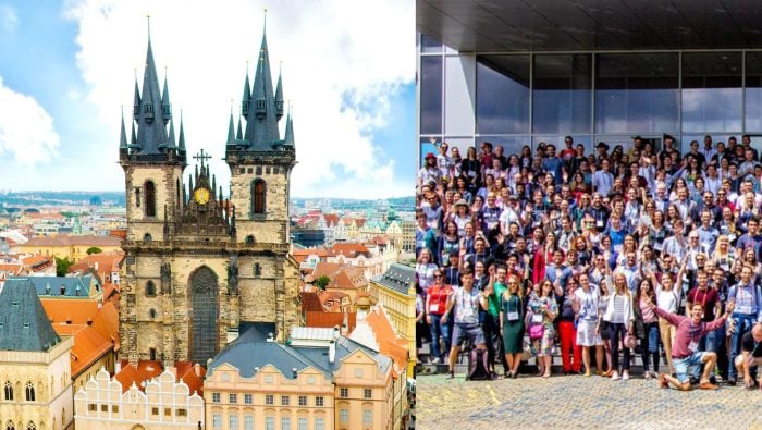 Na snímke Praha a fotografia účastníkov stretnutia polyglotov.