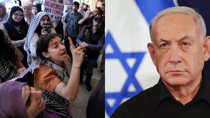 Pro-palestínsky protest a Benjamin Netanjahu