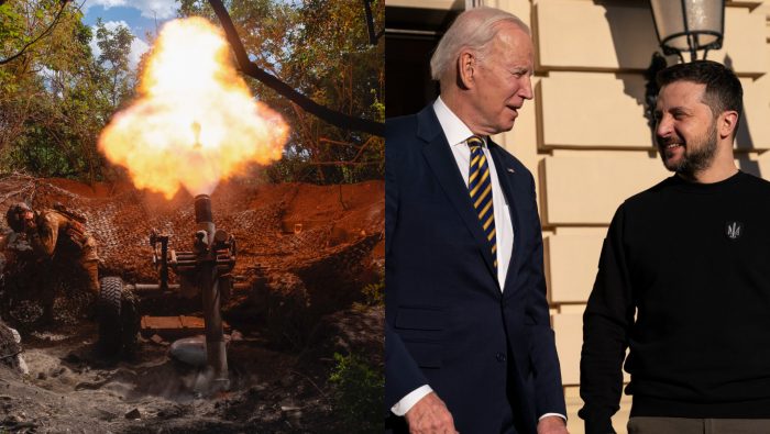 Obrana Ukrajiny, Joe Biden a Volodymyr Zelenskyj. Ukrajina môže používať americké zbrane.