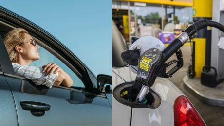 Žena si užíva cestu autom a benzínka.