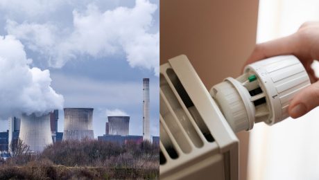 Jadrová elektráreň a ruka, ktorá pridáva na kúrení.